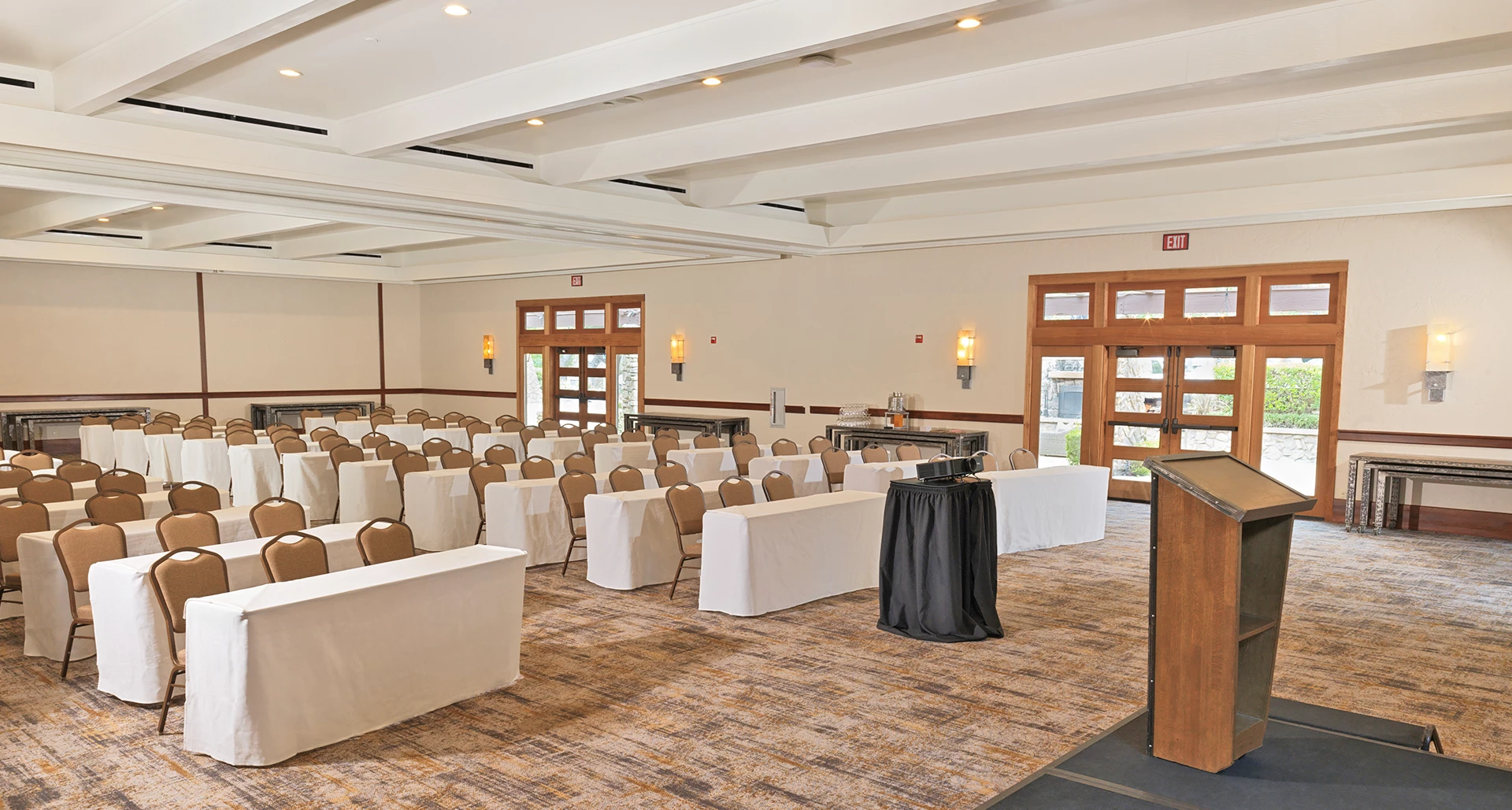 a room with tables and chairs