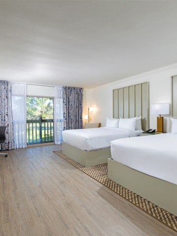 a room with two beds and a desk
