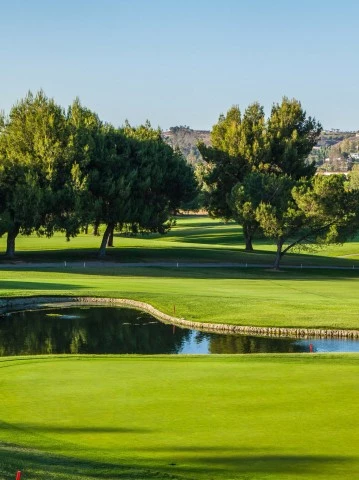 a golf course with a pond and trees
