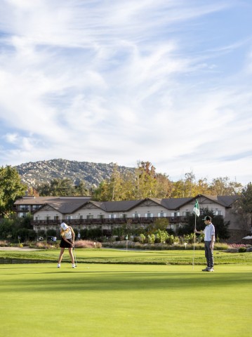 a couple of people playing golf
