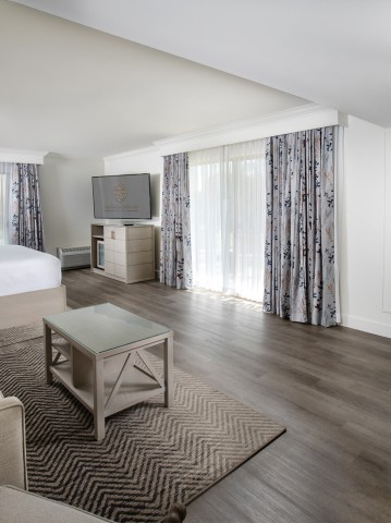 a room with a bed and a television