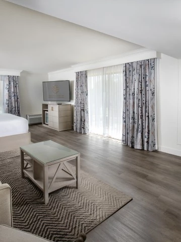 a room with a bed and a television