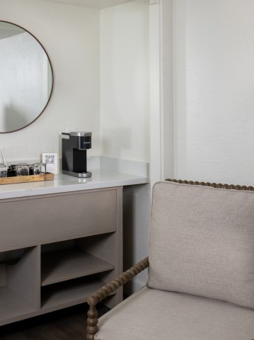 a chair next to a counter