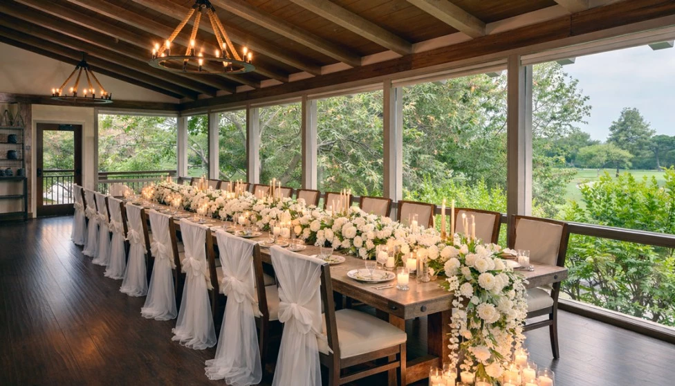 a long table with white flowers and candles