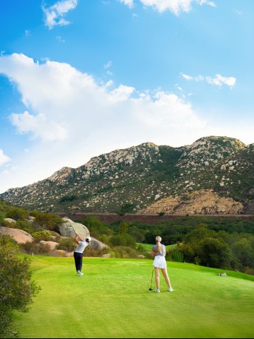 a couple of people playing golf