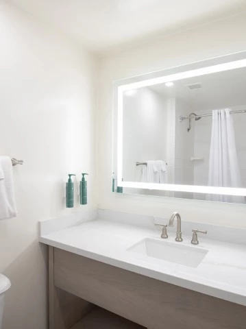 a bathroom with a mirror and a sink
