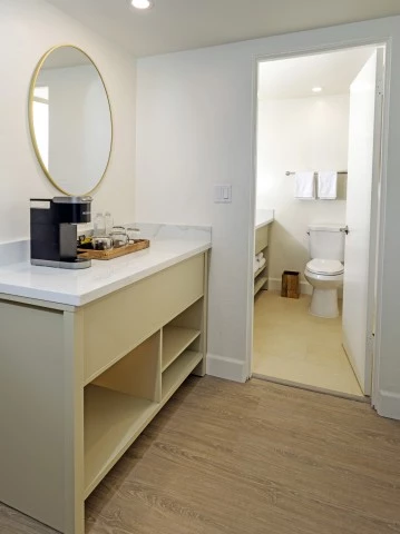 a bathroom with a mirror and a toilet