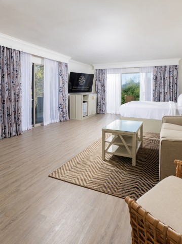 a room with a bed and a television