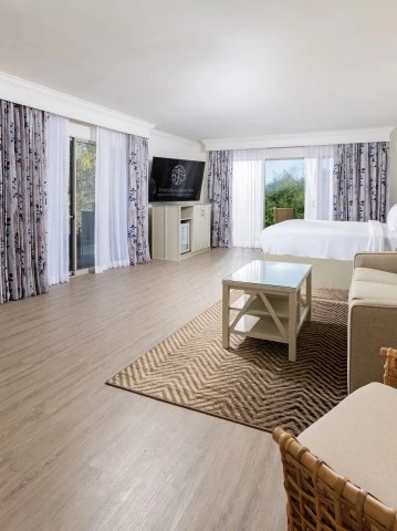 a room with a bed and a television