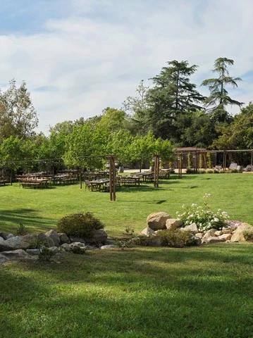 a large lawn with a large arbor and tables