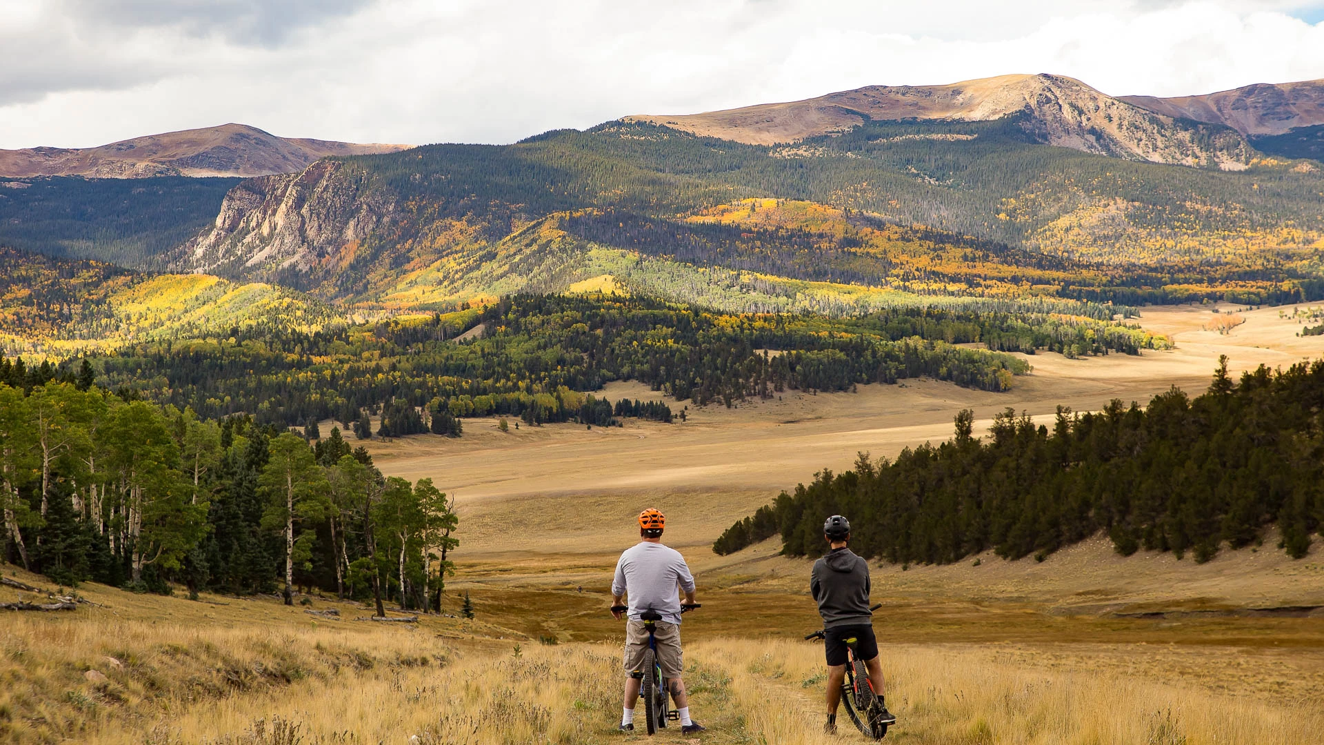 two people riding bikes in a field with mountains in the background