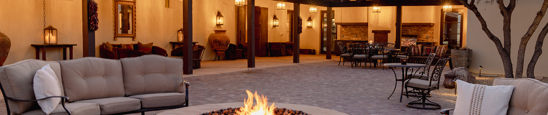 a fire pit in a courtyard