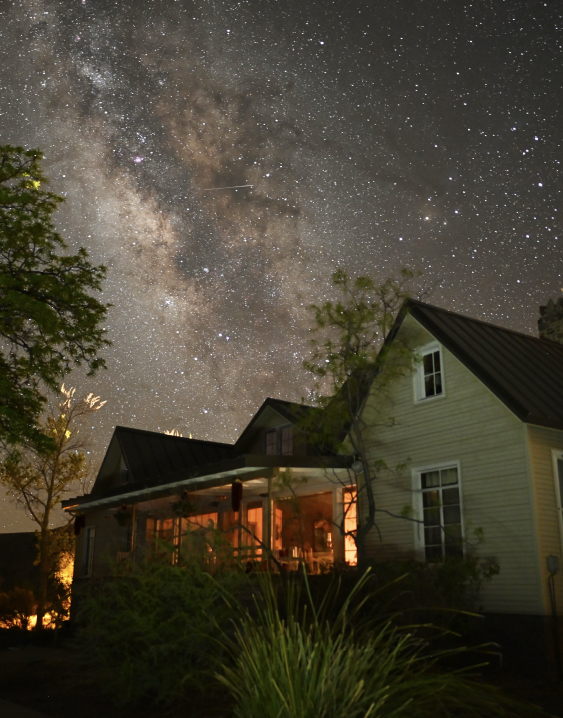 a house with trees and stars in the sky