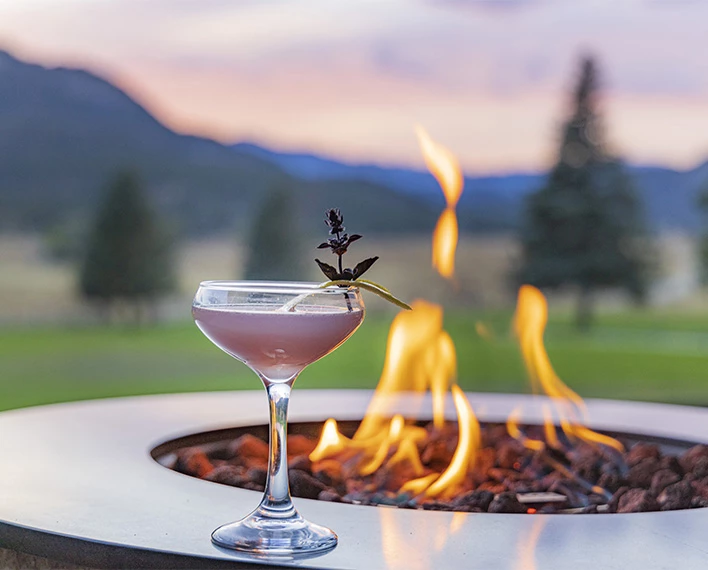 a glass of pink liquid with a plant on top of a fire pit