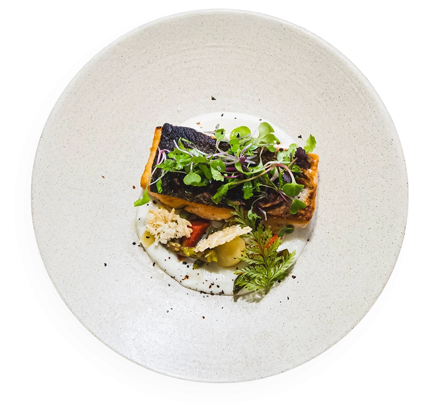 a plate of food on a black background
