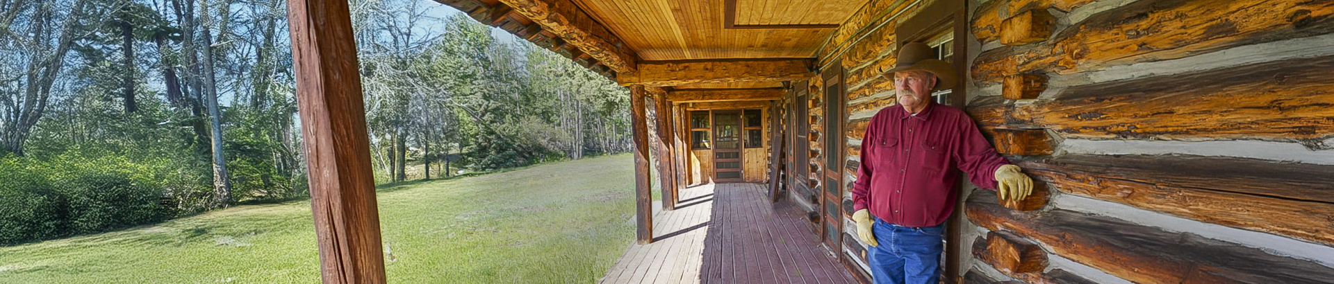 a porch with a wood deck and a grassy field
