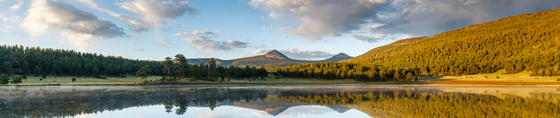a lake with trees and mountains in the background