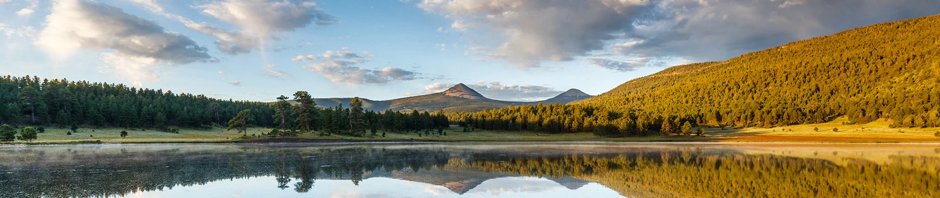 a lake with trees and mountains in the background
