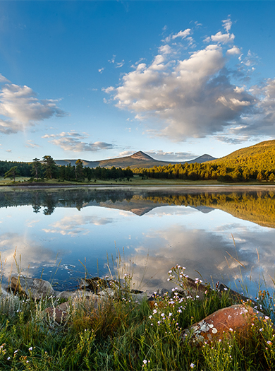 a lake with trees and mountains in the background