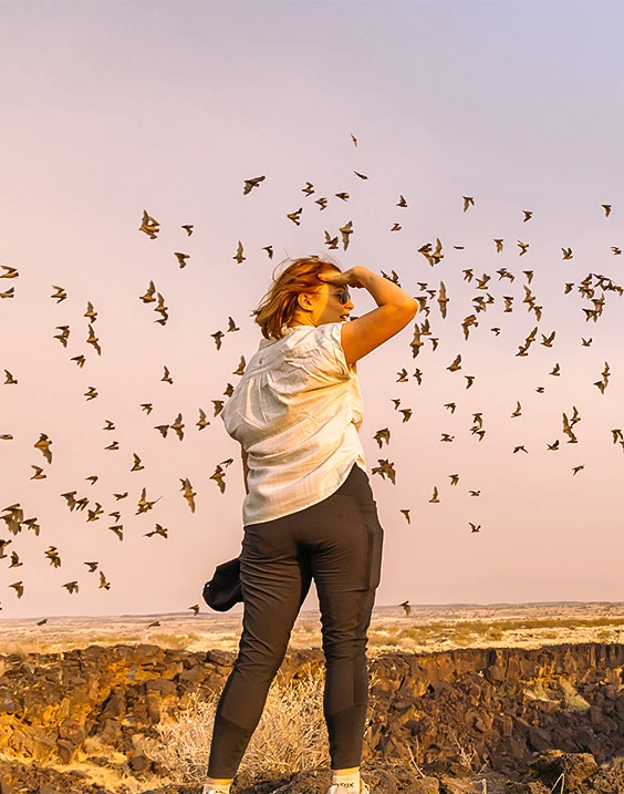 a woman standing in front of a flock of birds
