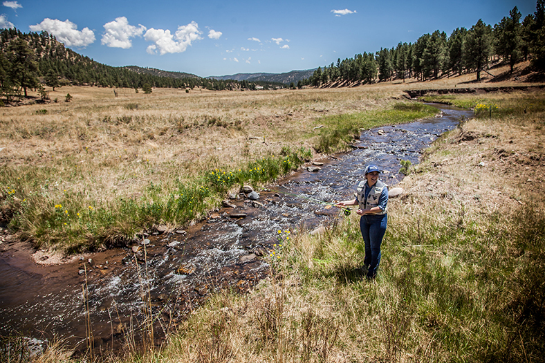 a woman standing in a field near a stream