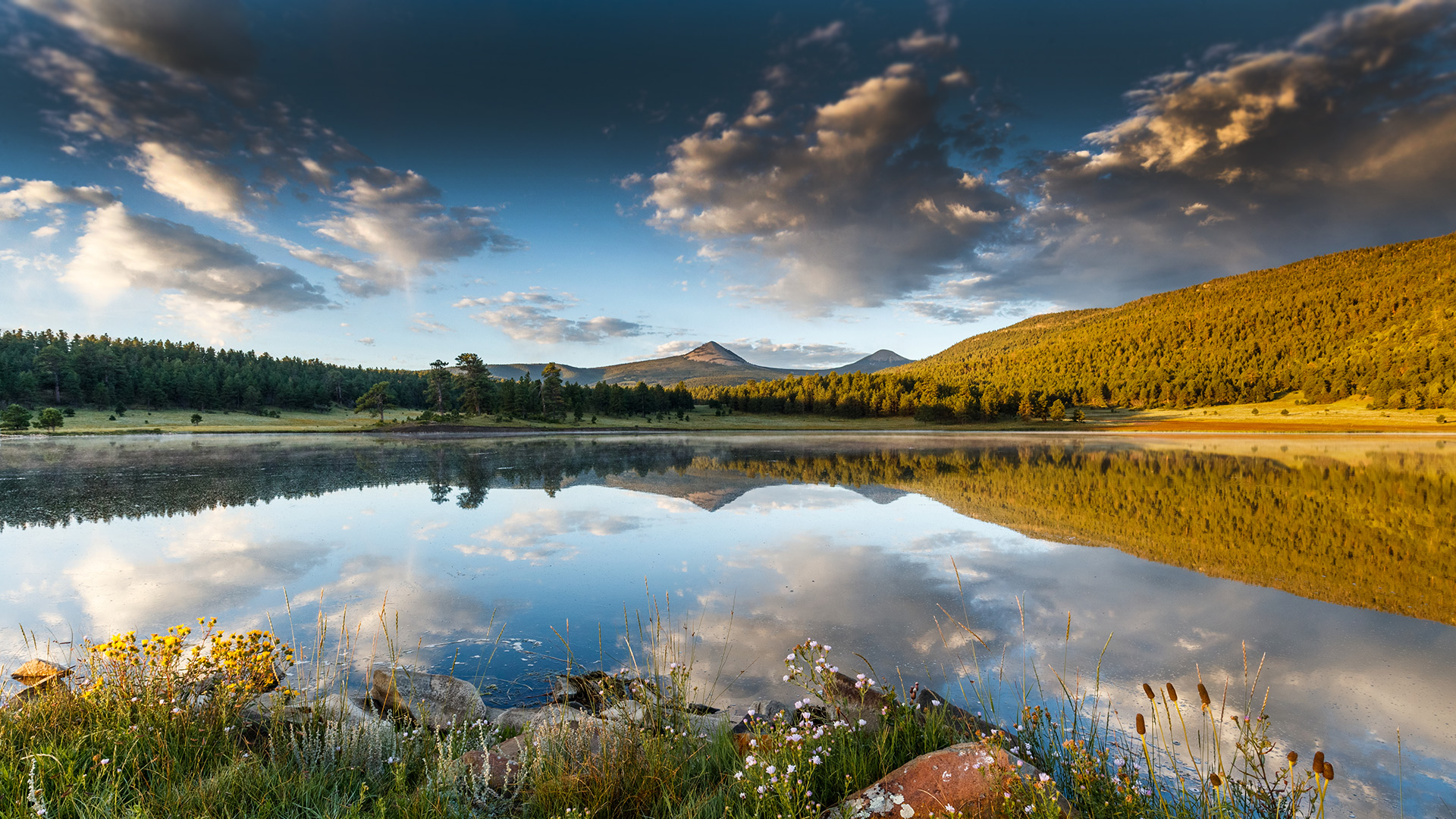 a lake with trees and mountains in the background