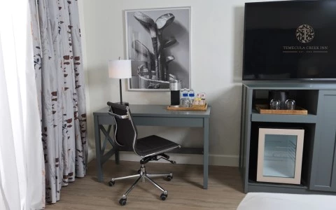 a chair and a desk in a room