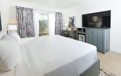 a room with a bed and a television