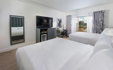 a room with two beds and a television