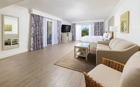 a room with a bed and a television