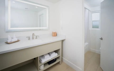 a bathroom with a mirror and sink