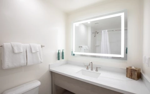 a bathroom with a mirror and a sink