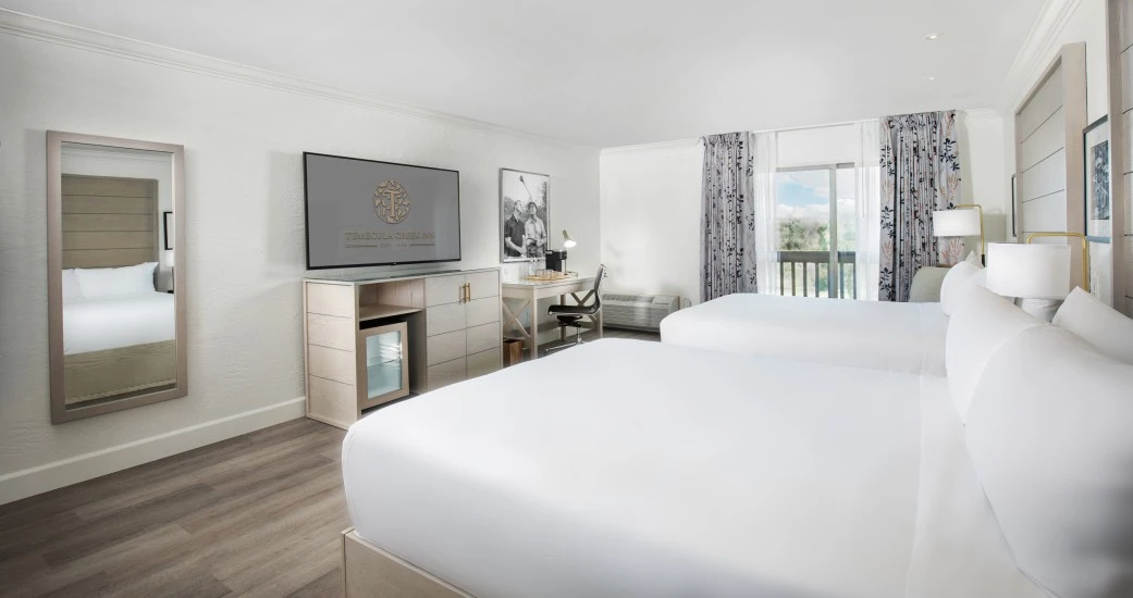 a room with two beds and a television