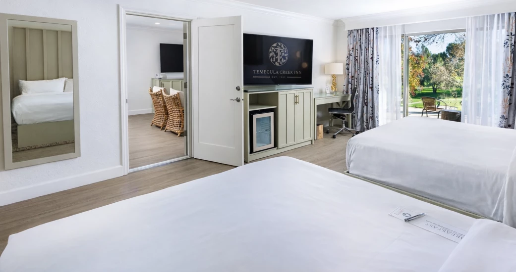 a room with two beds and a television