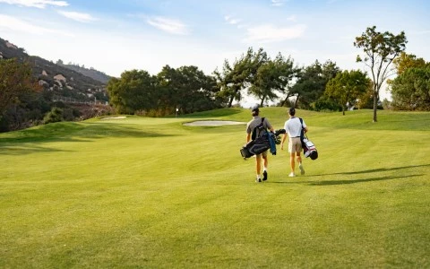 two men walking on a golf course