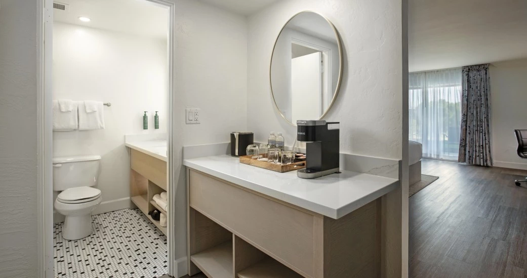 a bathroom with a mirror and a toilet