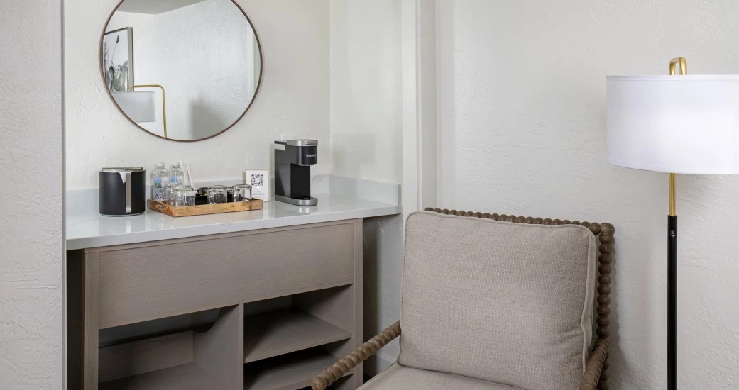 a chair next to a counter