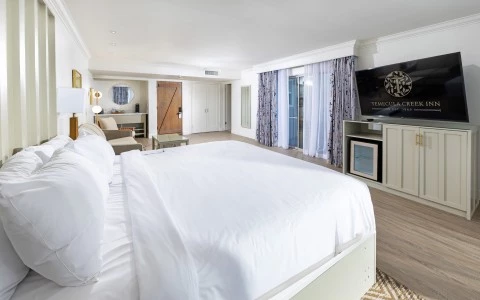 a bedroom with a large bed and a television