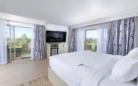 a bedroom with a television and a television set