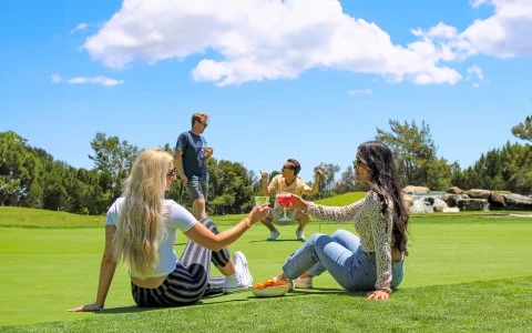 a group of people sitting on a grass field