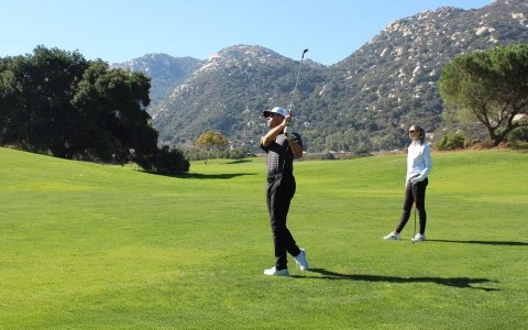 a man swinging a golf club on a golf course