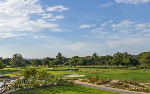 a golf course with trees and a path