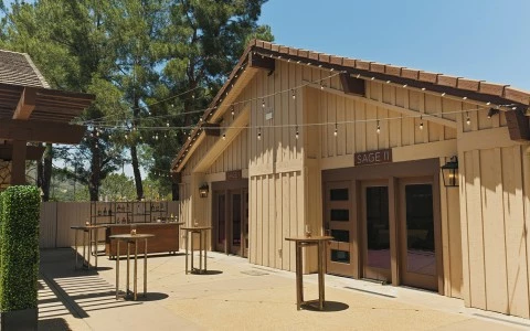 a building with tables and lights