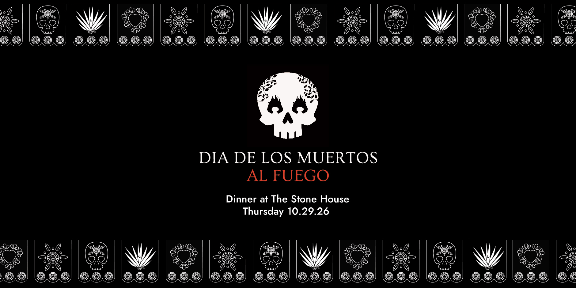 a black and white invitation with a skull and flowers