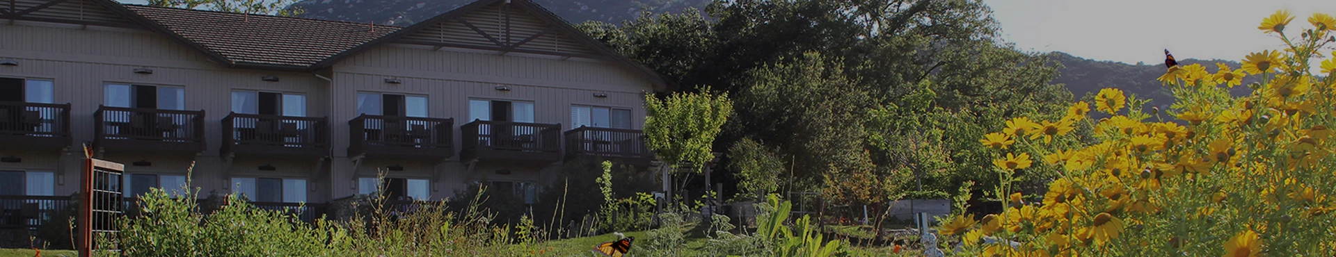 a building with trees and bushes around it