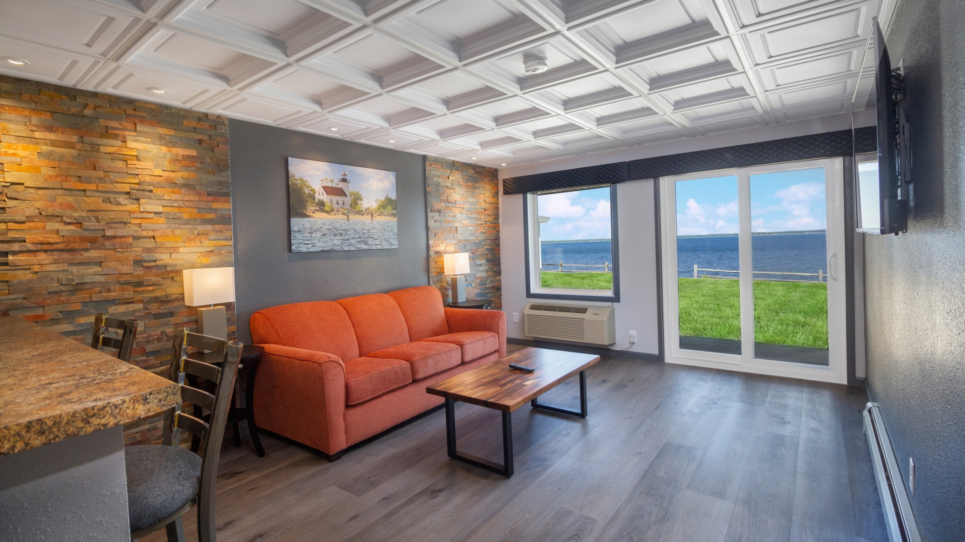 a living room with a couch and a table