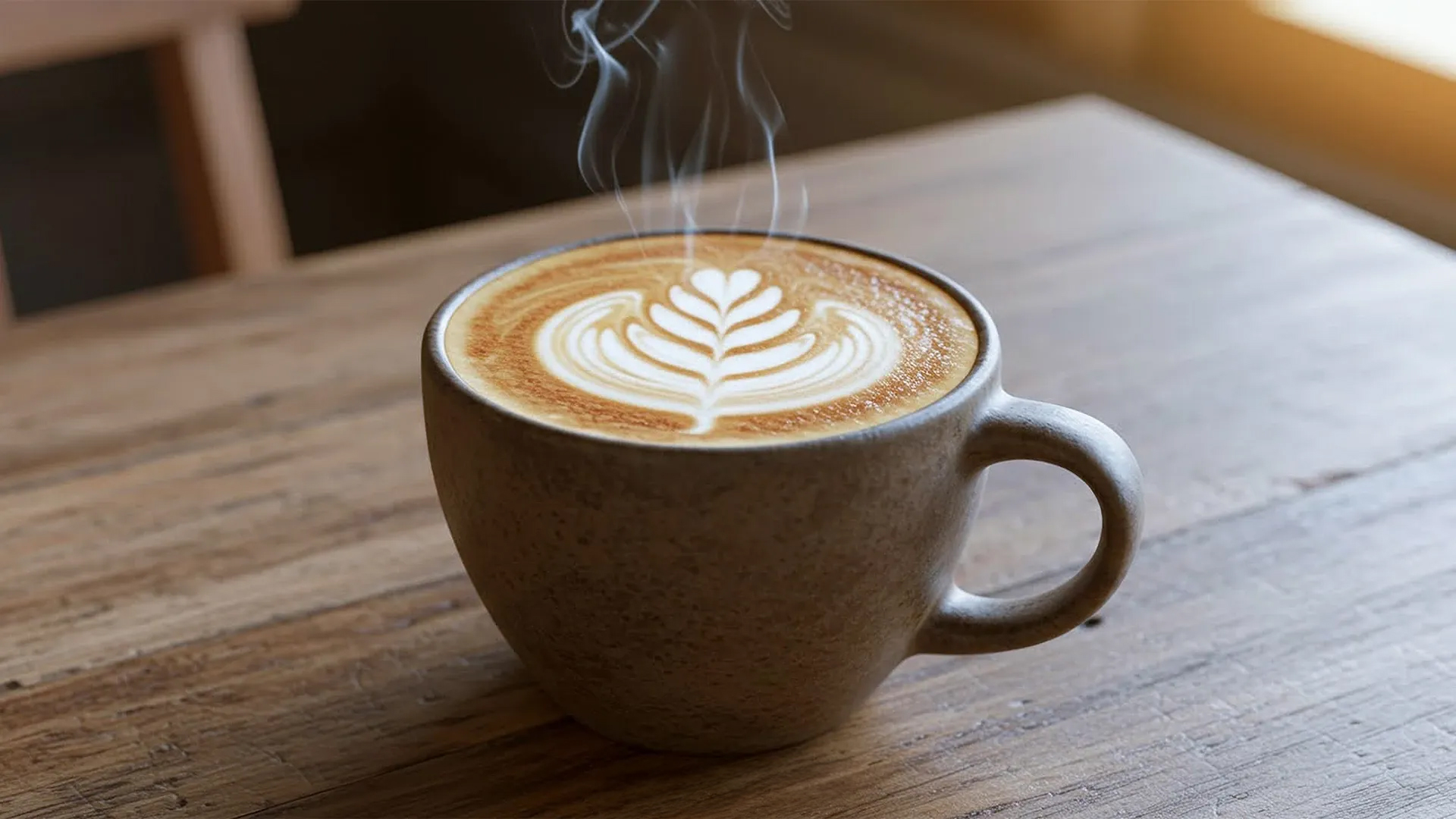 a cup of coffee with a leaf design in the foam