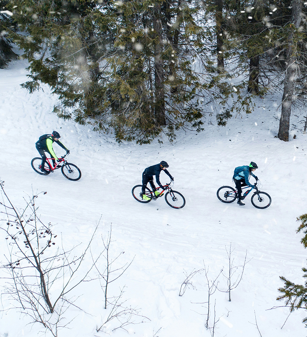 a group of people riding bikes in the snow