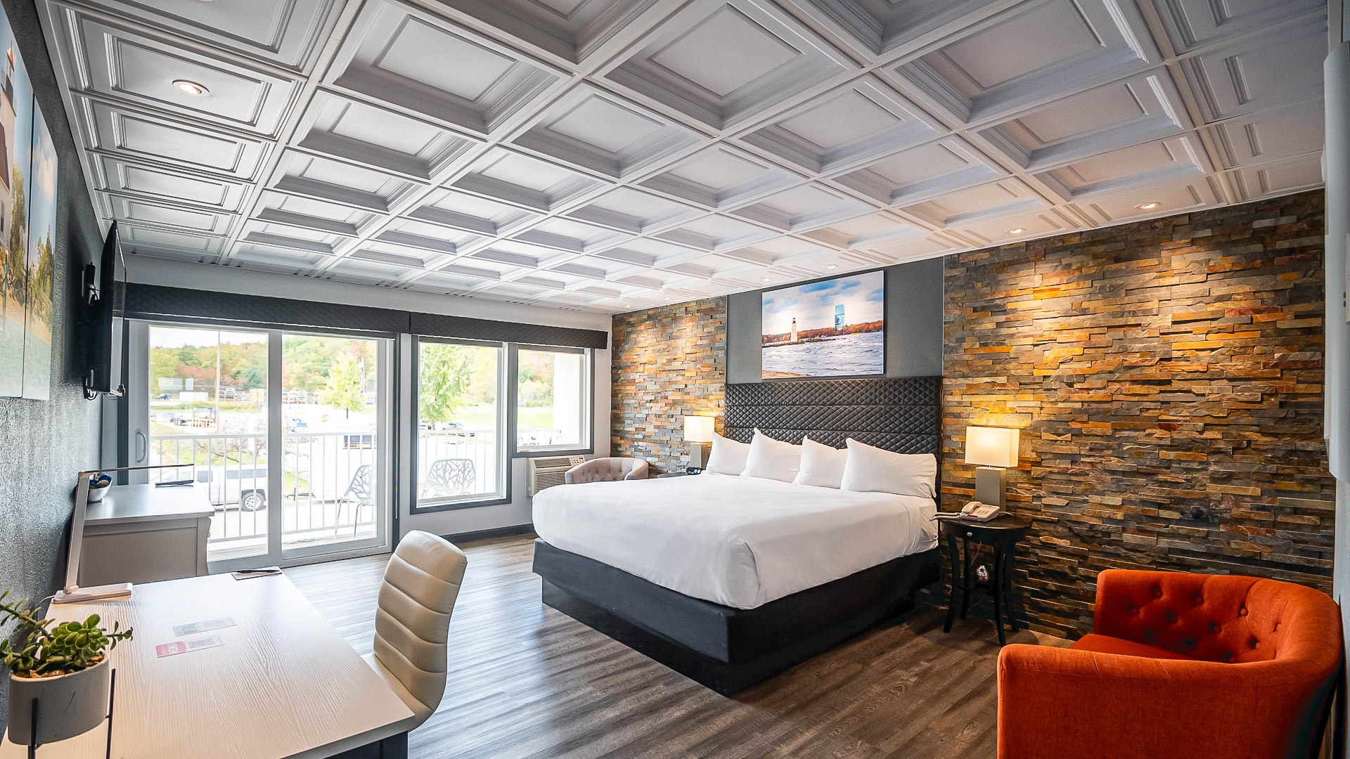 a room with a bed and a table