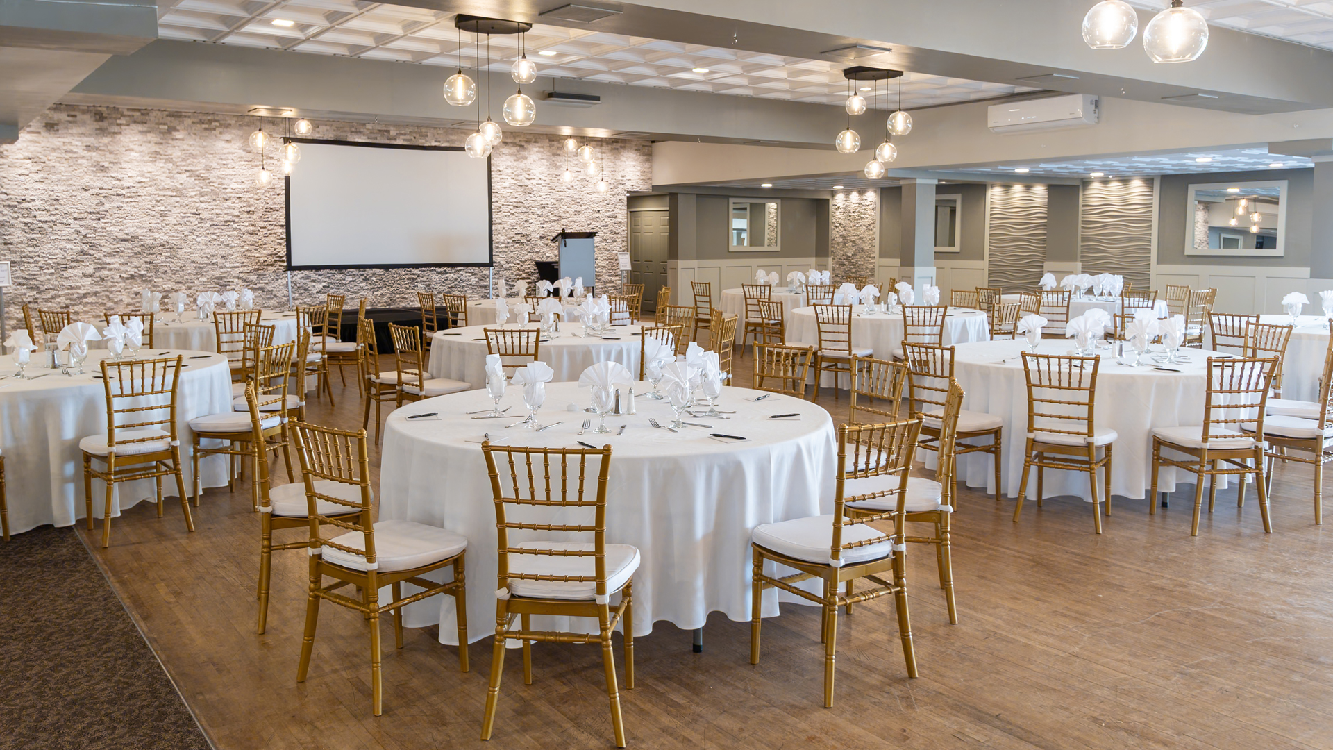 a room with tables and chairs
